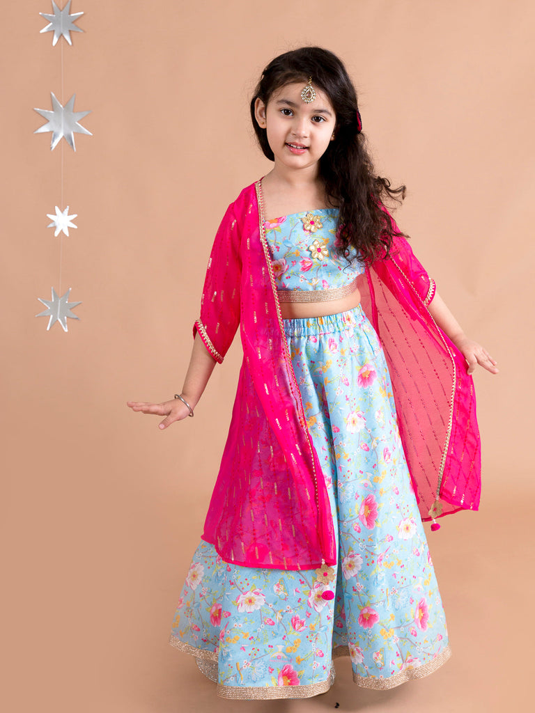 Girls Blue & Red Printed Ready to Wear Lehenga Choli (L-Blueraniemb)