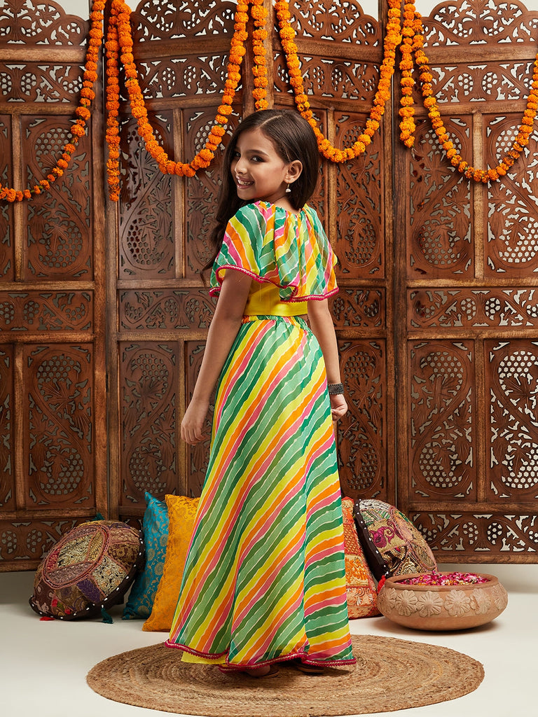 Pspeaches Girls Printed Cap Sleeves Ready to Wear Lehenga & Blouse With Dupatta (L-MULTILEHERIYA)