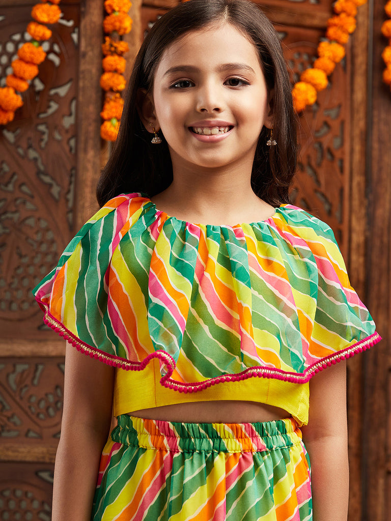 Pspeaches Girls Printed Cap Sleeves Ready to Wear Lehenga & Blouse With Dupatta (L-MULTILEHERIYA)