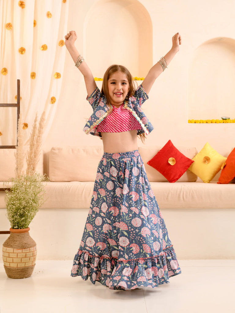 Girls Floral Printed Striped Ready to Wear Lehenga Choli With Waist Coat (L-NAVYPINKJAAL)