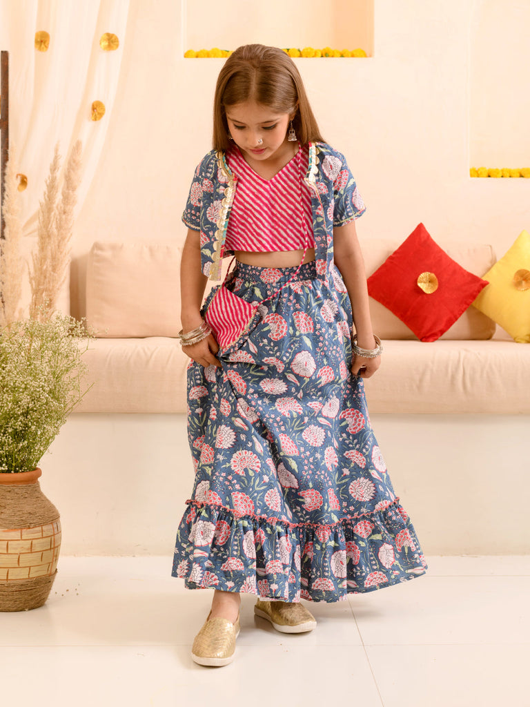 Girls Floral Printed Striped Ready to Wear Lehenga Choli With Waist Coat (L-NAVYPINKJAAL)