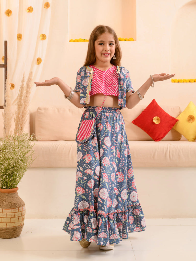 Girls Floral Printed Striped Ready to Wear Lehenga Choli With Waist Coat (L-NAVYPINKJAAL)