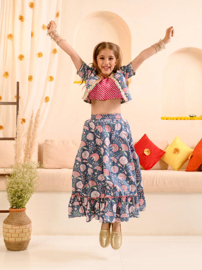 Girls Floral Printed Striped Ready to Wear Lehenga Choli With Waist Coat (L-NAVYPINKJAAL)