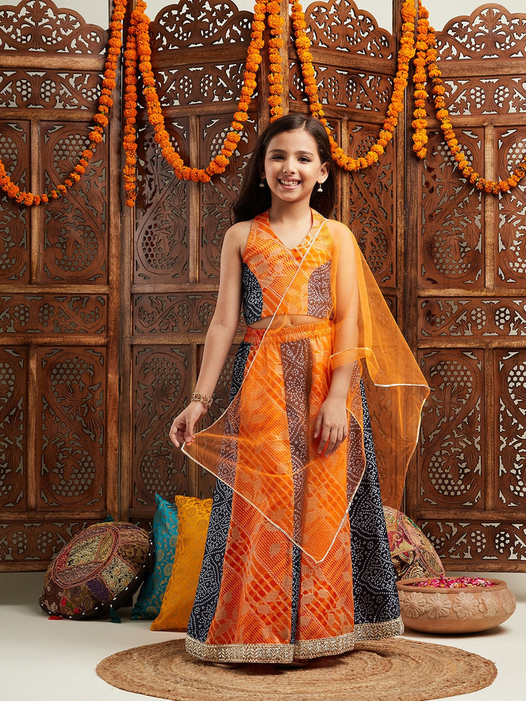 Pspeaches Girls Printed Sleeveless Ready to Wear Lehenga & Blouse With Dupatta (L-ORANGEBLUEBANDHNI)