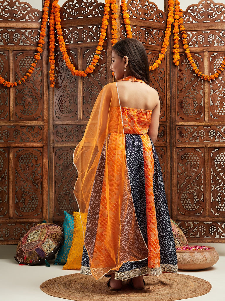 Pspeaches Girls Printed Sleeveless Ready to Wear Lehenga & Blouse With Dupatta (L-ORANGEBLUEBANDHNI)