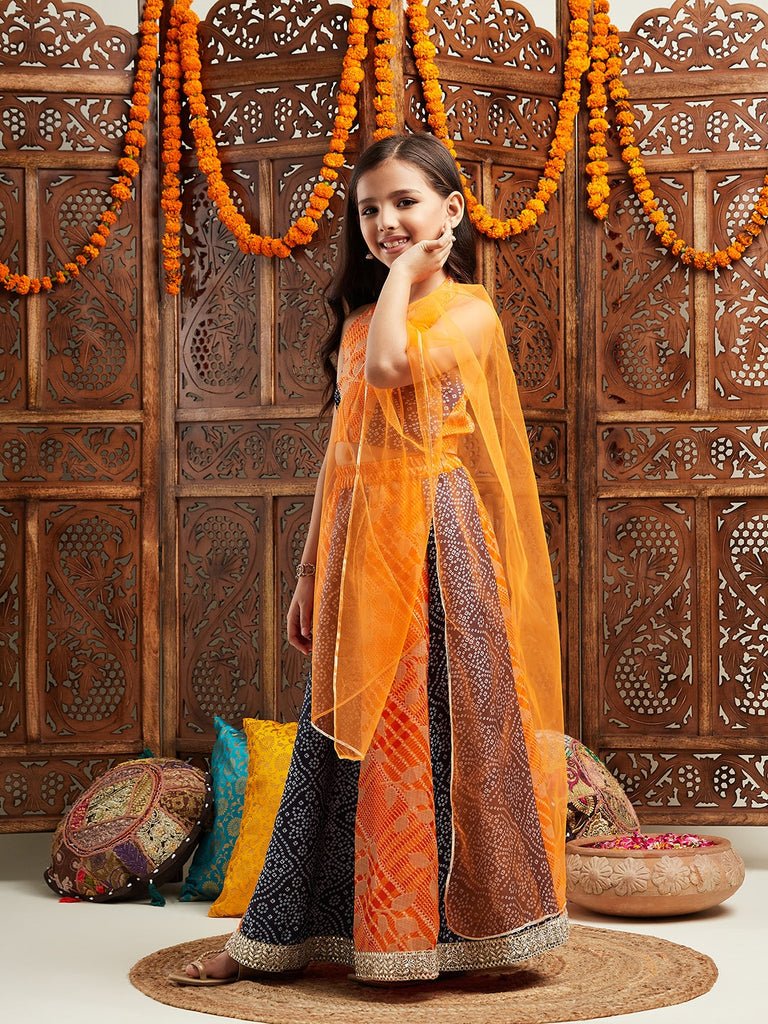 Pspeaches Girls Printed Sleeveless Ready to Wear Lehenga & Blouse With Dupatta (L-ORANGEBLUEBANDHNI)