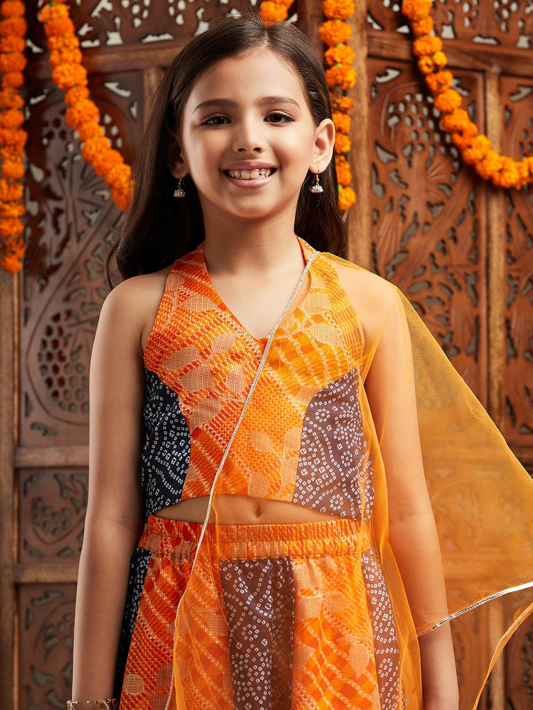 Pspeaches Girls Printed Sleeveless Ready to Wear Lehenga & Blouse With Dupatta (L-ORANGEBLUEBANDHNI)