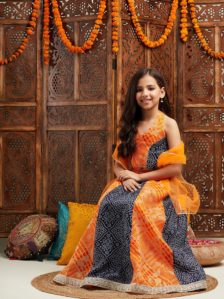 Pspeaches Girls Printed Sleeveless Ready to Wear Lehenga & Blouse With Dupatta (L-ORANGEBLUEBANDHNI)