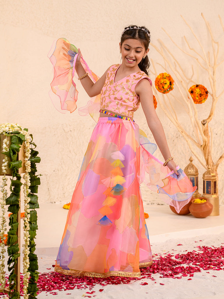 Girls Embellished Thread Work Ready to Wear Lehenga & Blouse With Dupatta (L-ORGANZAMULTI)