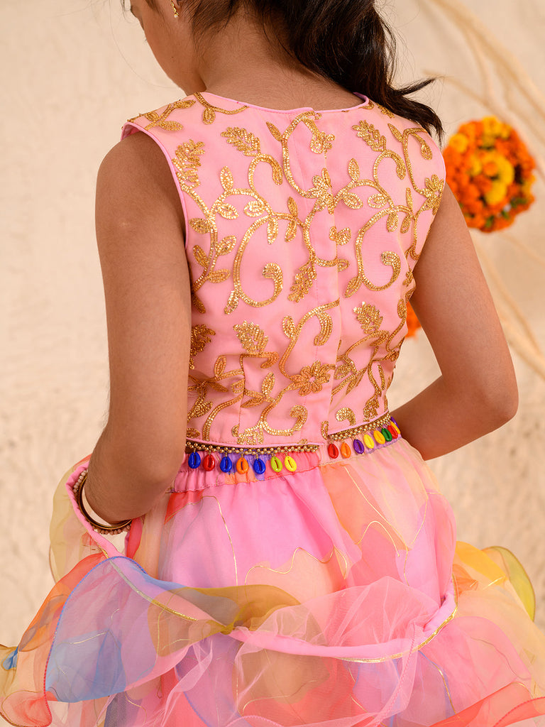 Girls Embellished Thread Work Ready to Wear Lehenga & Blouse With Dupatta (L-ORGANZAMULTI)