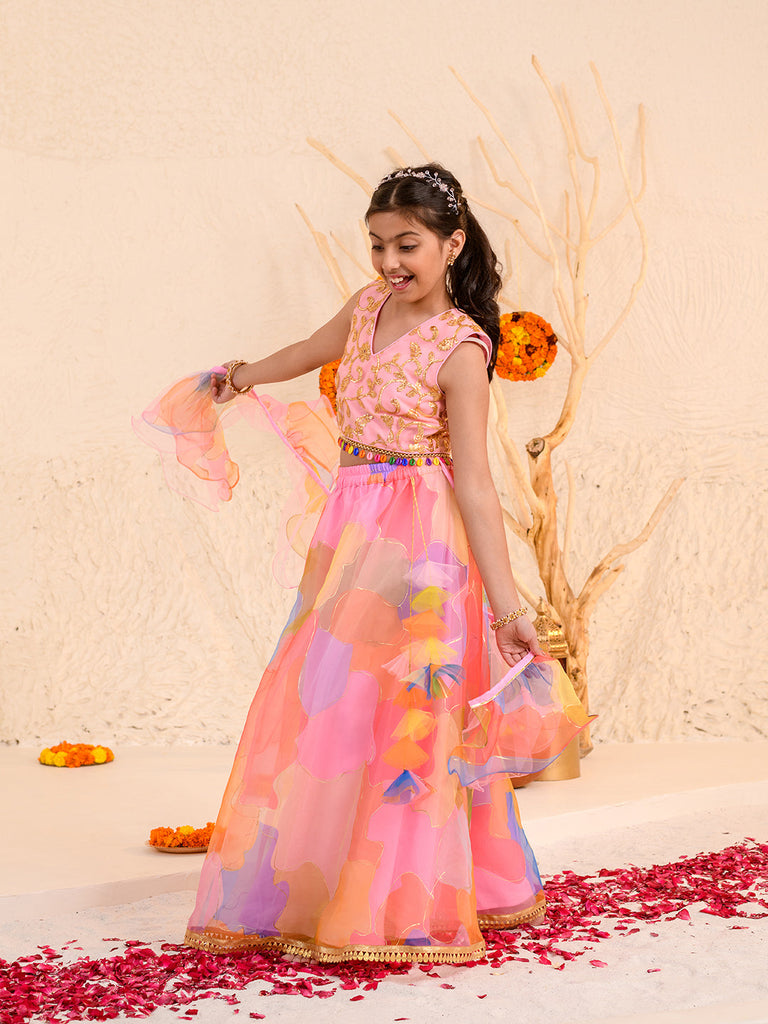 Girls Embellished Thread Work Ready to Wear Lehenga & Blouse With Dupatta (L-ORGANZAMULTI)