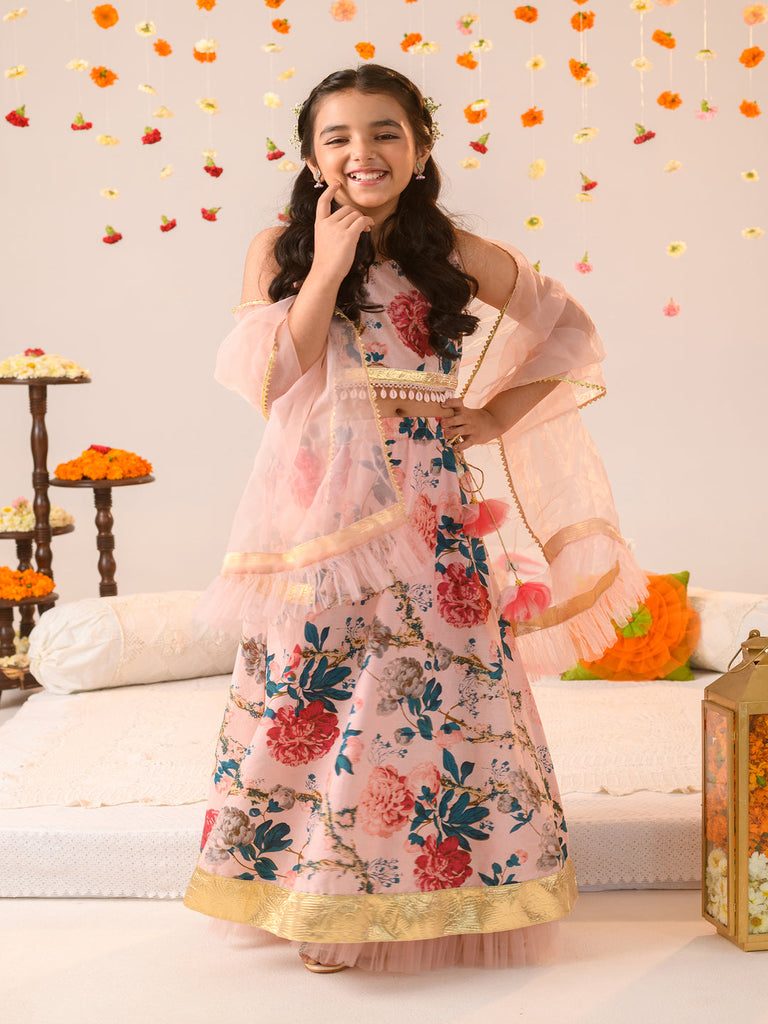 Girls Floral Printed Ready to Wear Lehenga Choli With Dupatta (L-PEACHBIGFLOWER)