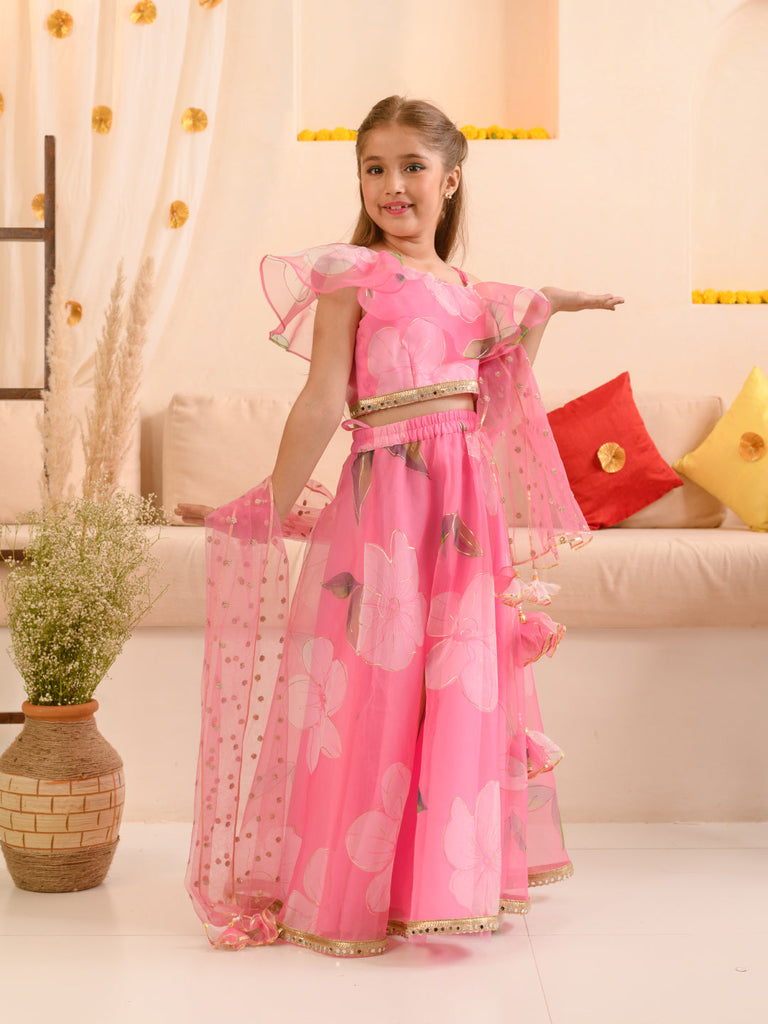 Girls Printed Ready to Wear Lehenga & Blouse With Dupatta (L-PINKORGANZA)