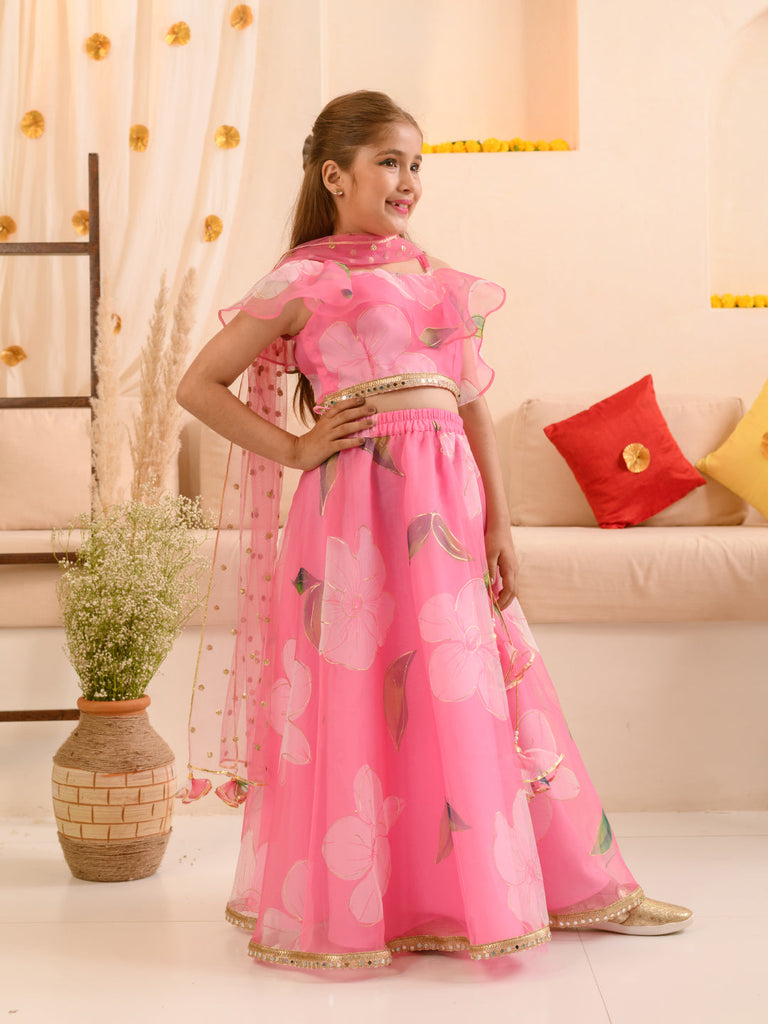 Girls Printed Ready to Wear Lehenga & Blouse With Dupatta (L-PINKORGANZA)