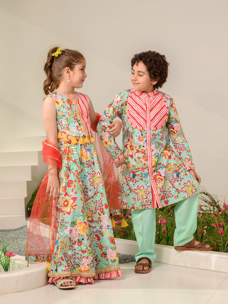 Girls Printed Ready to Wear Lehenga & Blouse With Dupatta (L-REDSTRIPE)