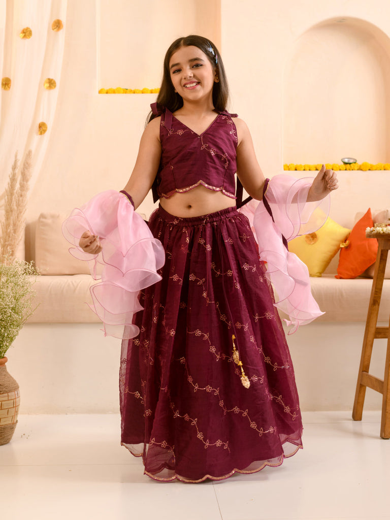 Girl Embellished Thread Work Ready to Wear Lehenga & Blouse With Dupatta (L-WINEORGANZA)