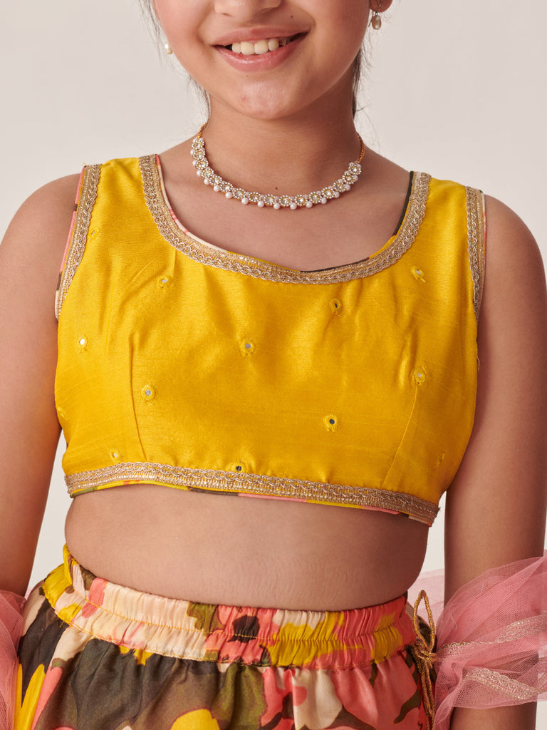 Girls Embroidered Mirror Work Ready To Wear Lehenga Blouse With Dupatta (L-YELLOWCHOLIMIRROR)