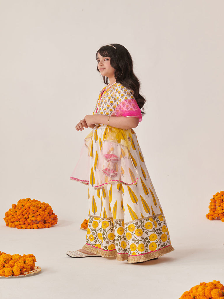 Girls Printed Ready To Wear Lehenga & Blouse With Dupatta (L-YELLOWGREYPRINT)