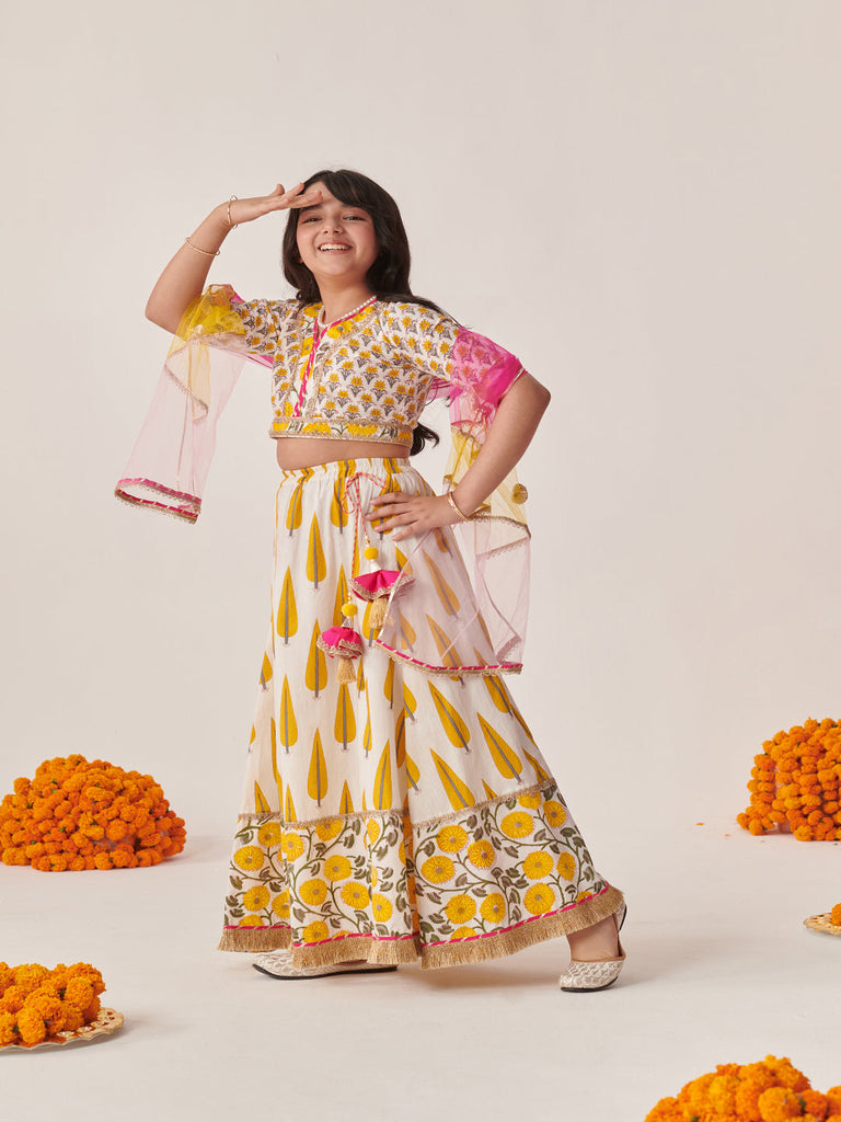 Girls Printed Ready To Wear Lehenga & Blouse With Dupatta (L-YELLOWGREYPRINT)