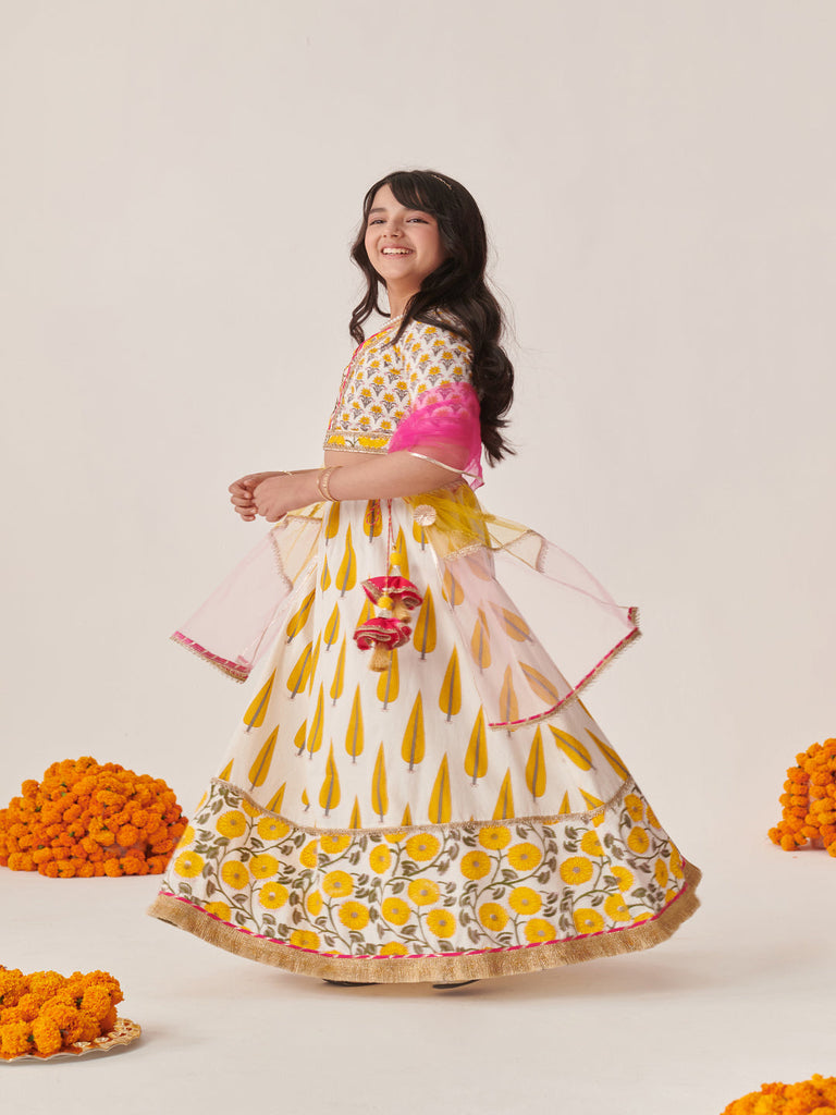 Girls Printed Ready To Wear Lehenga & Blouse With Dupatta (L-YELLOWGREYPRINT)