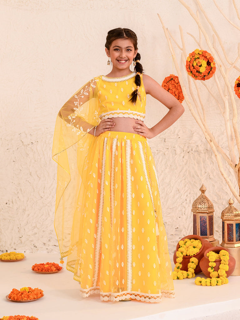 Girls Embroidered Thread Work Net Ready to Wear Lehenga & Blouse With Dupatta (L-YELLOWWTBOOTI)