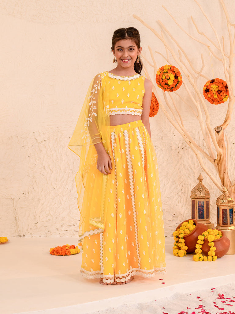 Girls Embroidered Thread Work Net Ready to Wear Lehenga & Blouse With Dupatta (L-YELLOWWTBOOTI)