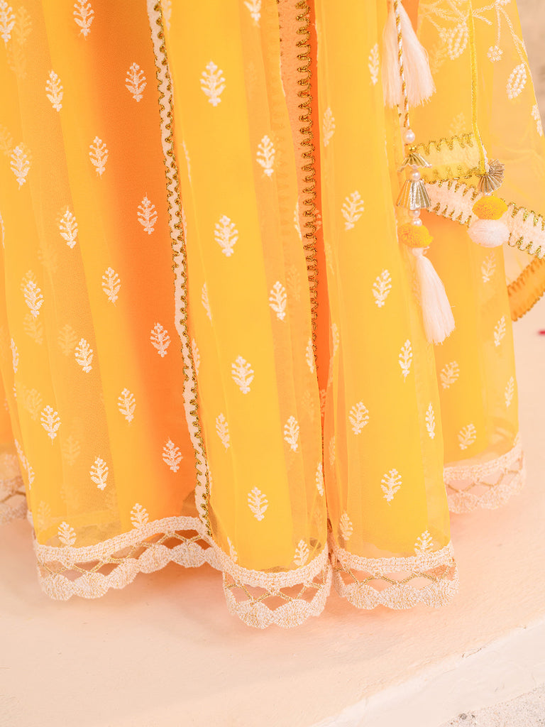 Girls Embroidered Thread Work Net Ready to Wear Lehenga & Blouse With Dupatta (L-YELLOWWTBOOTI)