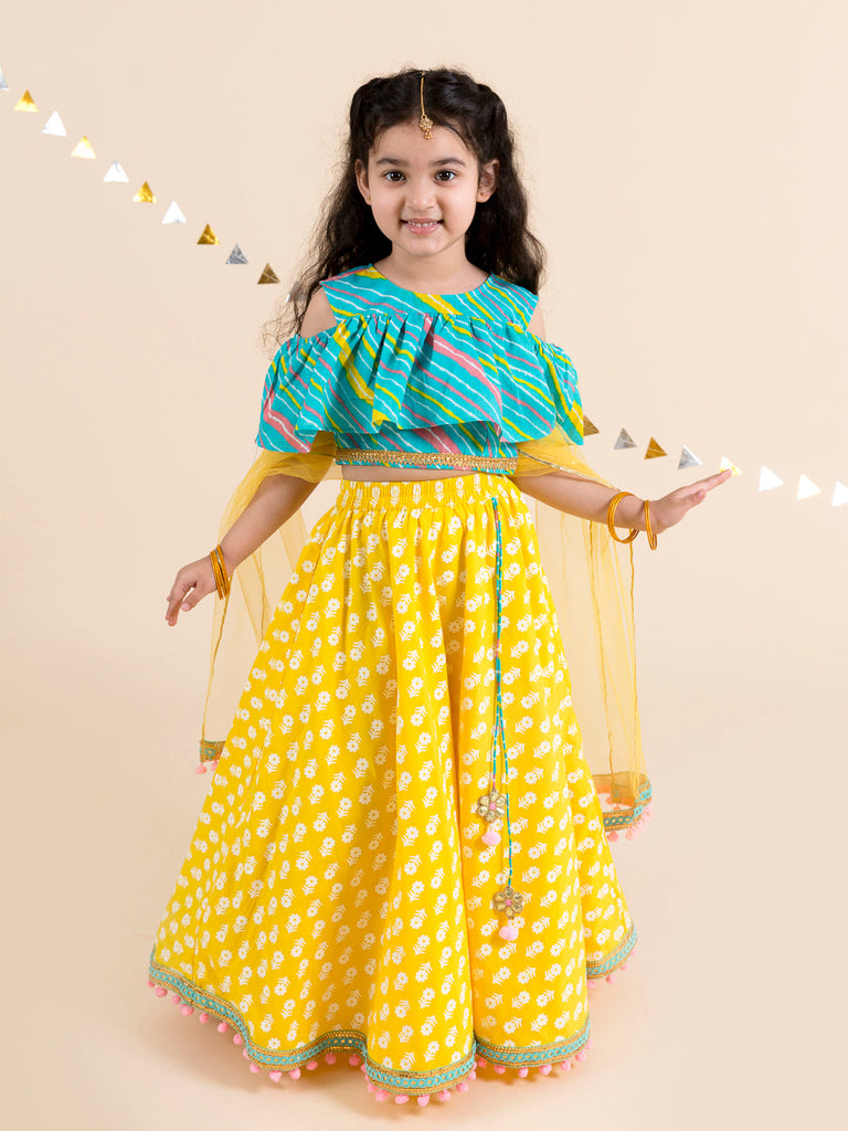 Girls Yellow & Turquoise Blue Printed Ready to Wear Lehenga & Blouse With Dupatta (L-Yellowfoil)