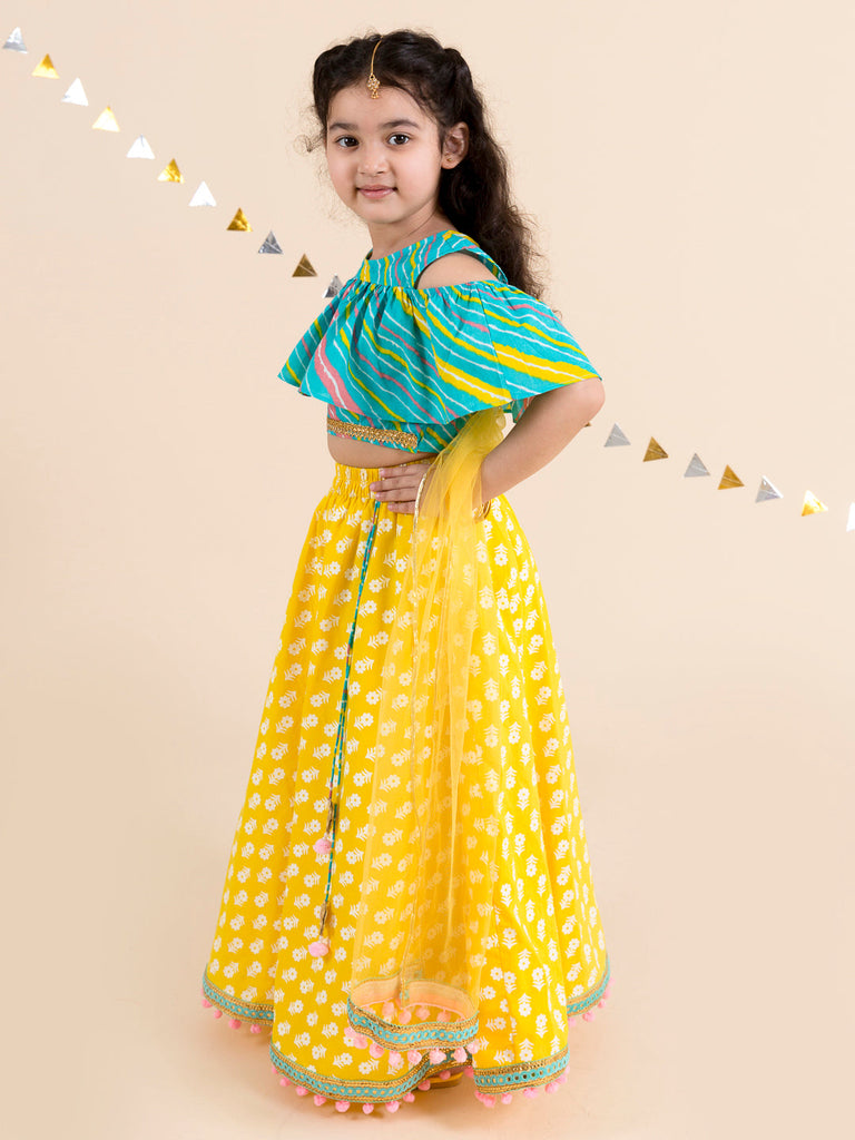 Girls Yellow & Turquoise Blue Printed Ready to Wear Lehenga & Blouse With Dupatta (L-Yellowfoil)