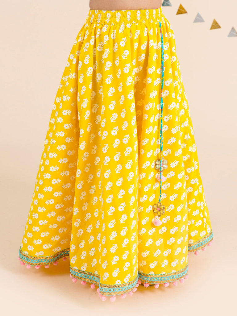 Girls Yellow & Turquoise Blue Printed Ready to Wear Lehenga & Blouse With Dupatta (L-Yellowfoil)