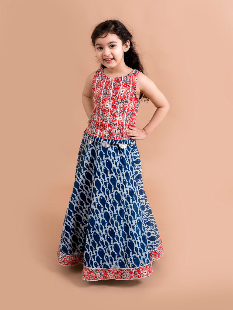 Girls Blue & Red Printed Ready to Wear Lehenga & Choli (L-fishikkat)