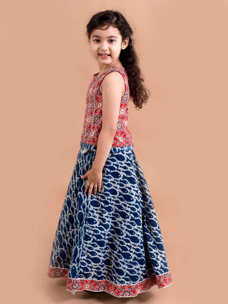 Girls Blue & Red Printed Ready to Wear Lehenga & Choli (L-fishikkat)