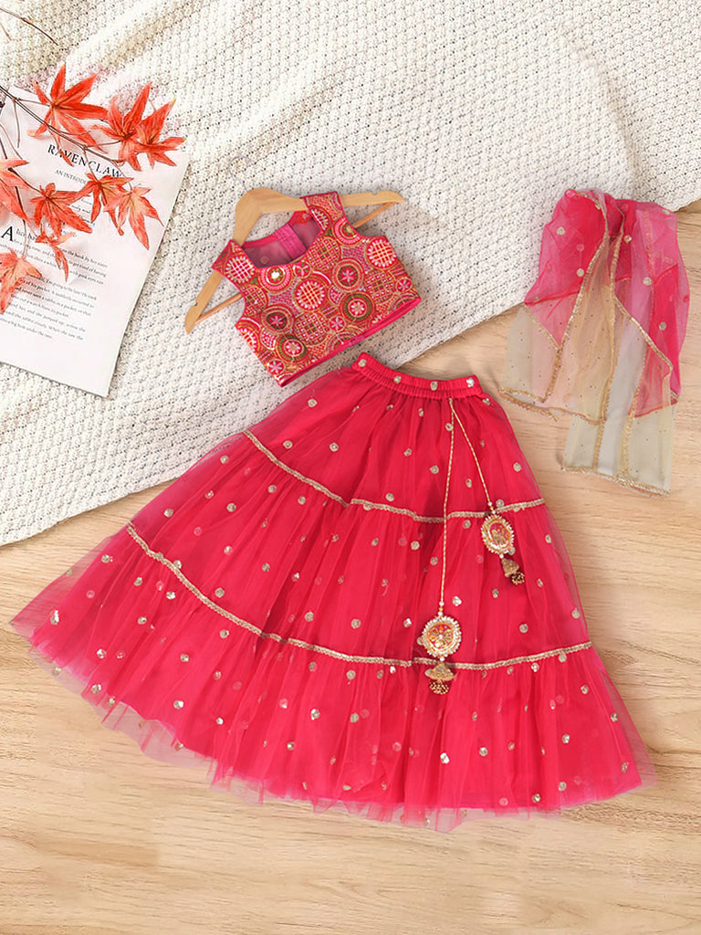 3-Piece Coral Emb Lehenga, Choli And Dupatta