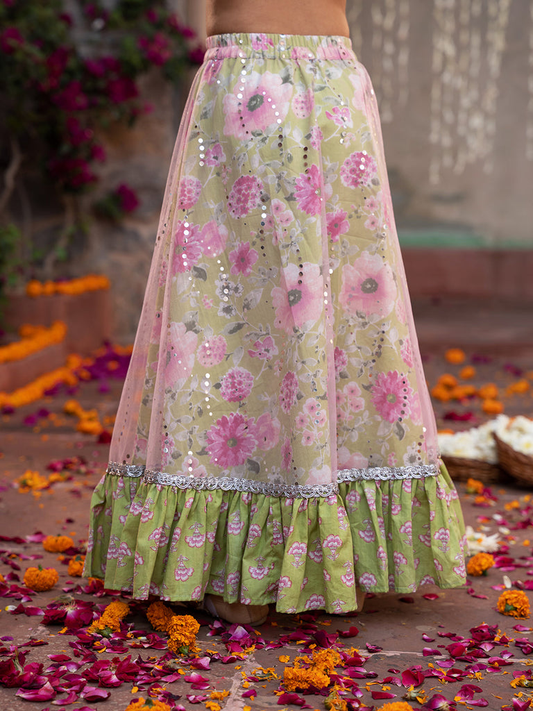 3-Piece Olive Green Cotton Lehenga, Choli And Dupatta