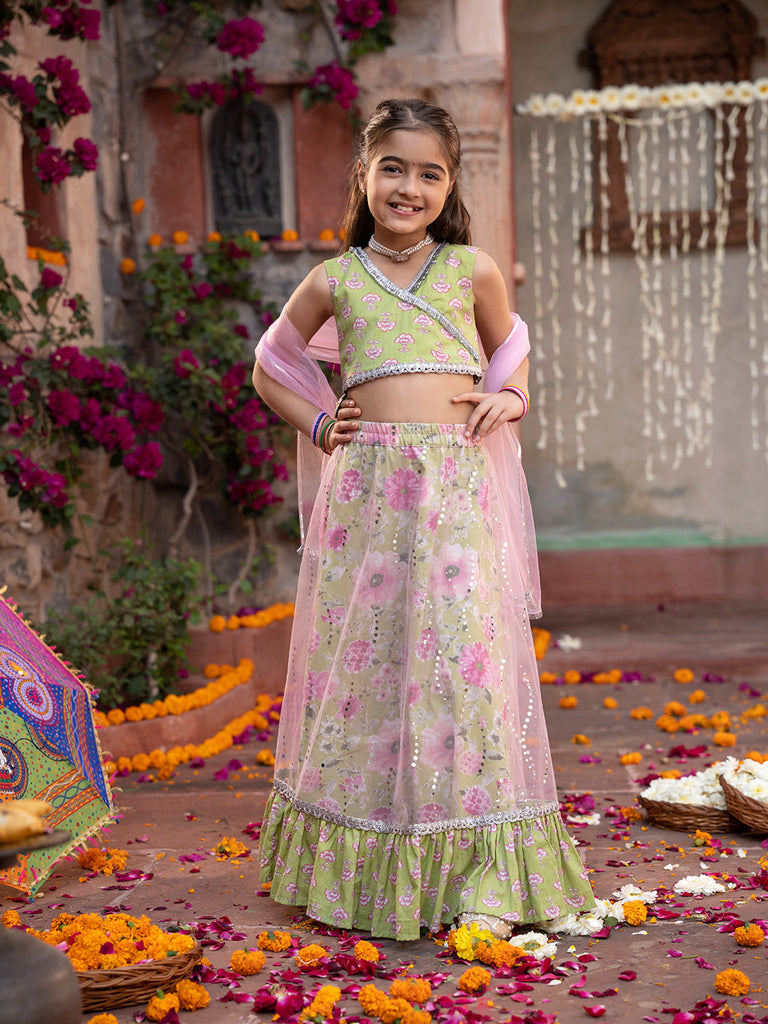 3-Piece Olive Green Cotton Lehenga, Choli And Dupatta