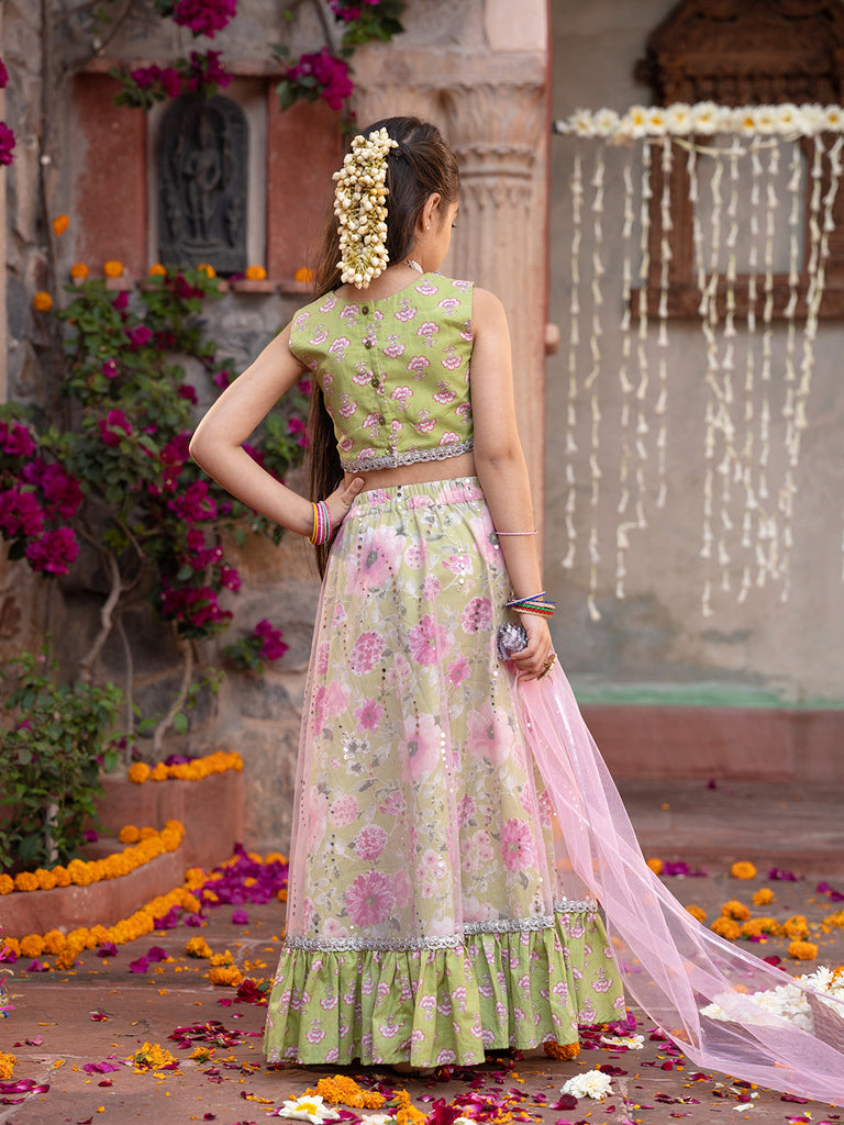 3-Piece Olive Green Cotton Lehenga, Choli And Dupatta