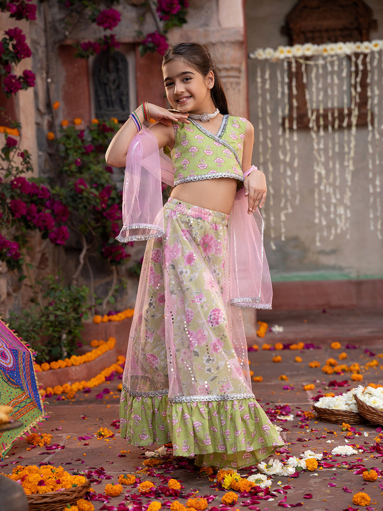 3-Piece Olive Green Cotton Lehenga, Choli And Dupatta