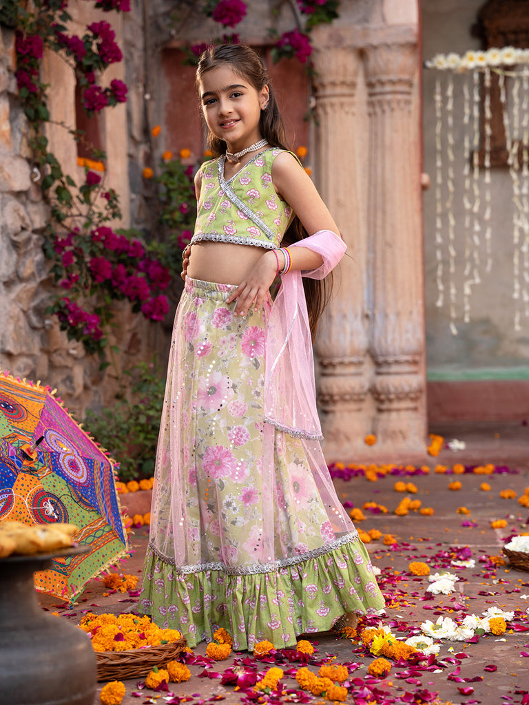 3-Piece Olive Green Cotton Lehenga, Choli And Dupatta