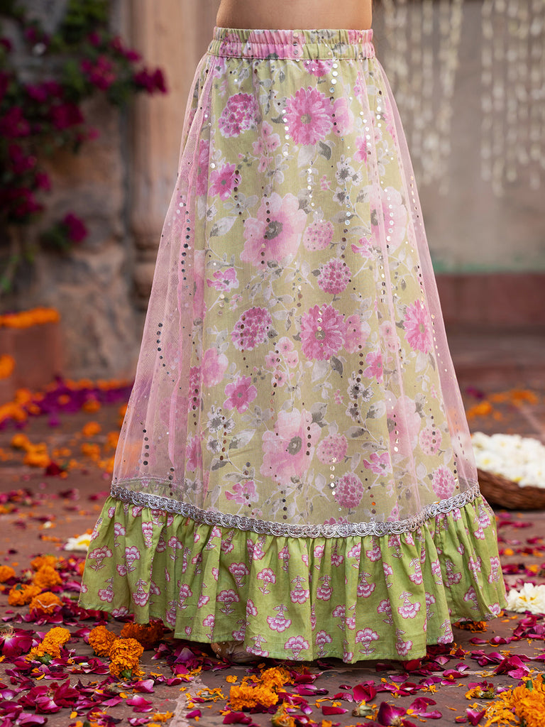 3-Piece Olive Green Cotton Lehenga, Choli And Dupatta