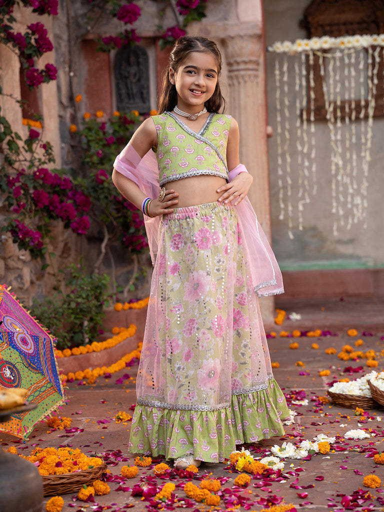 3-Piece Olive Green Cotton Lehenga, Choli And Dupatta