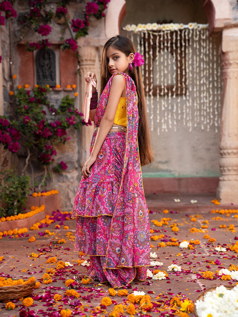 2-Piece Yellow & Magenta Chiffon Lehenga And Dupion Choli With Belt