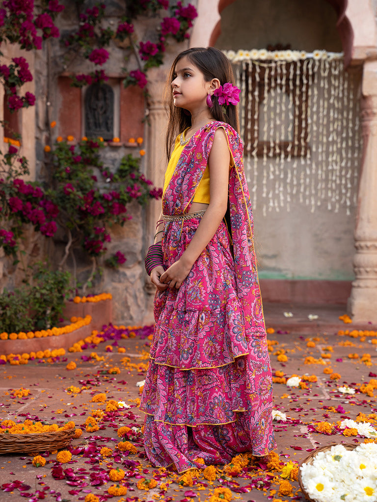 2-Piece Yellow & Magenta Chiffon Lehenga And Dupion Choli With Belt