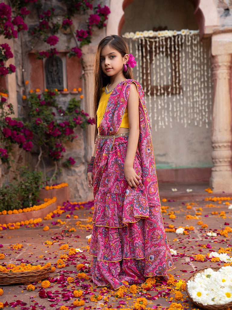 2-Piece Yellow & Magenta Chiffon Lehenga And Dupion Choli With Belt