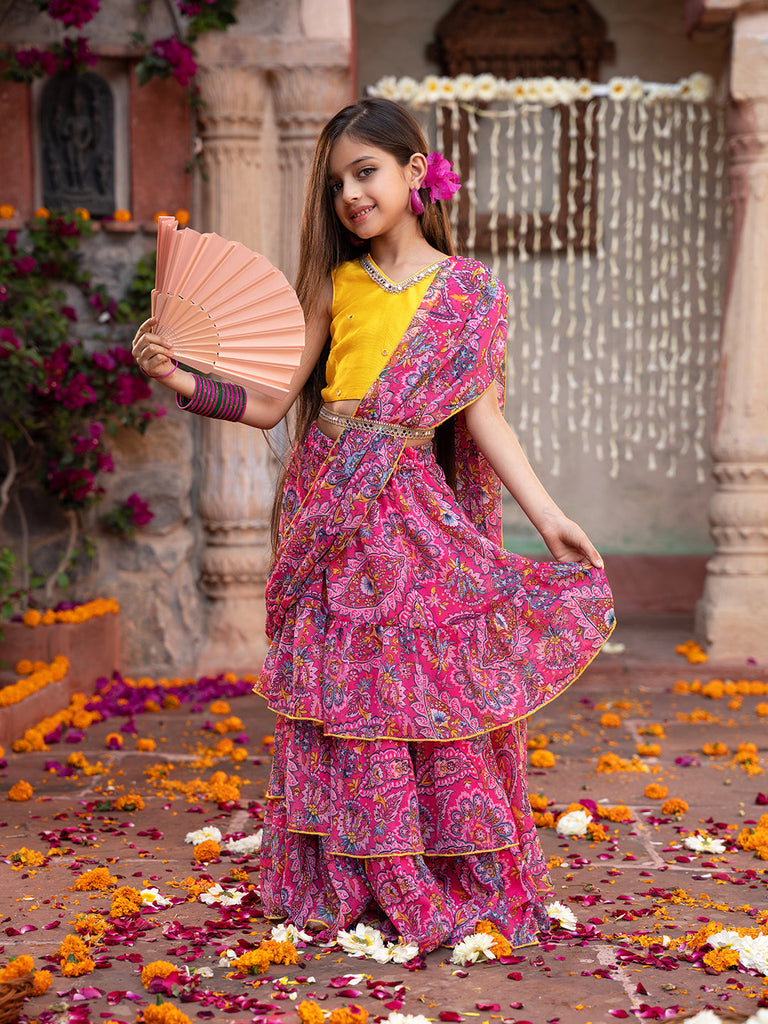 2-Piece Yellow & Magenta Chiffon Lehenga And Dupion Choli With Belt