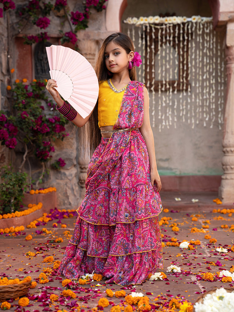 2-Piece Yellow & Magenta Chiffon Lehenga And Dupion Choli With Belt