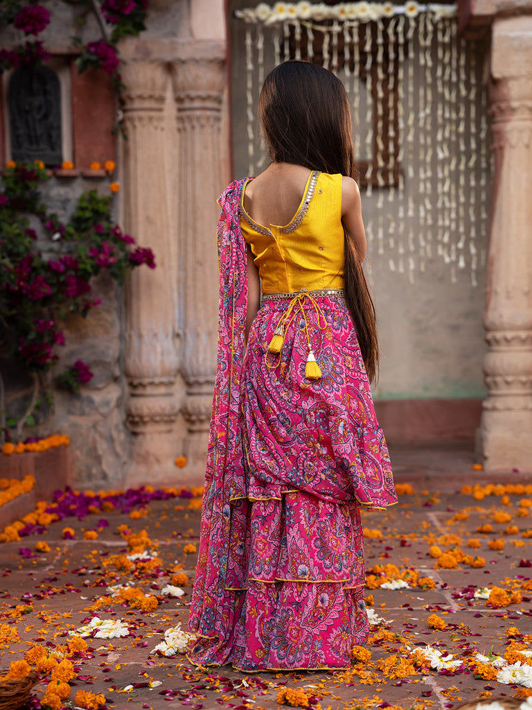 2-Piece Yellow & Magenta Chiffon Lehenga And Dupion Choli With Belt