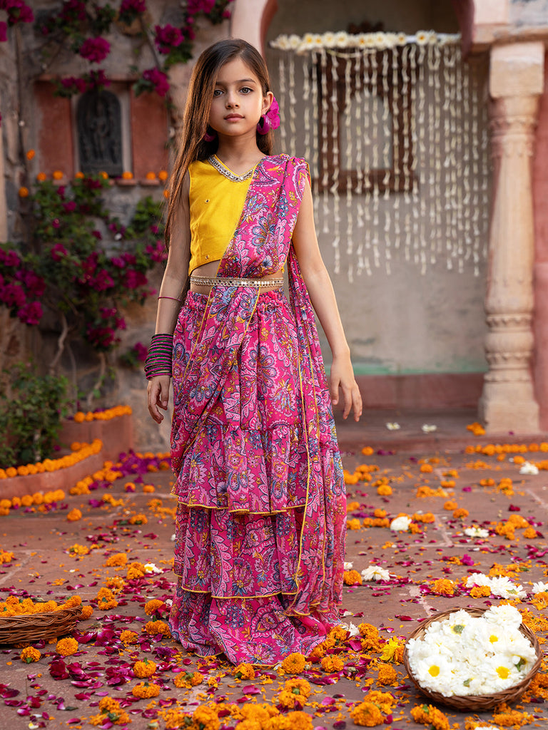 2-Piece Yellow & Magenta Chiffon Lehenga And Dupion Choli With Belt