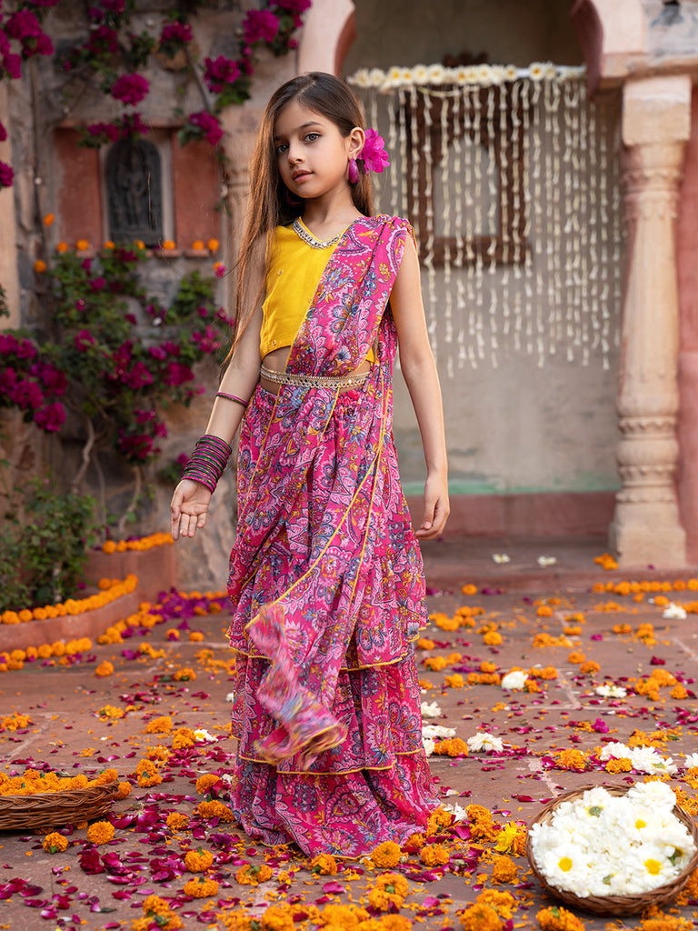 2-Piece Yellow & Magenta Chiffon Lehenga And Dupion Choli With Belt