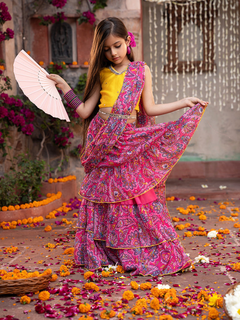 2-Piece Yellow & Magenta Chiffon Lehenga And Dupion Choli With Belt