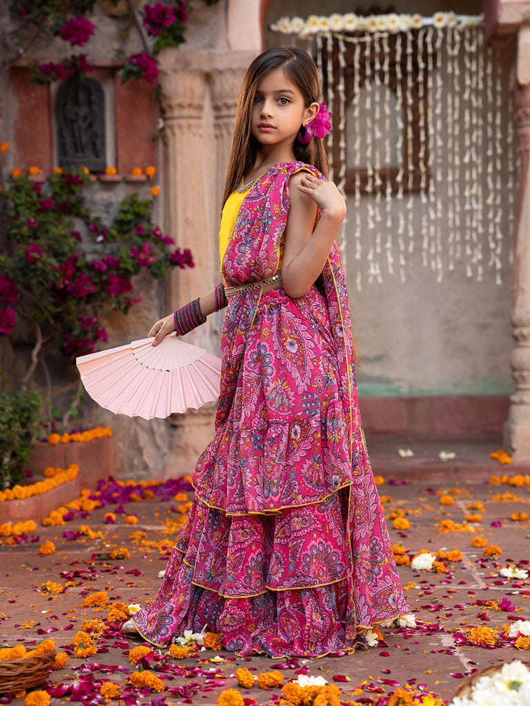 2-Piece Yellow & Magenta Chiffon Lehenga And Dupion Choli With Belt